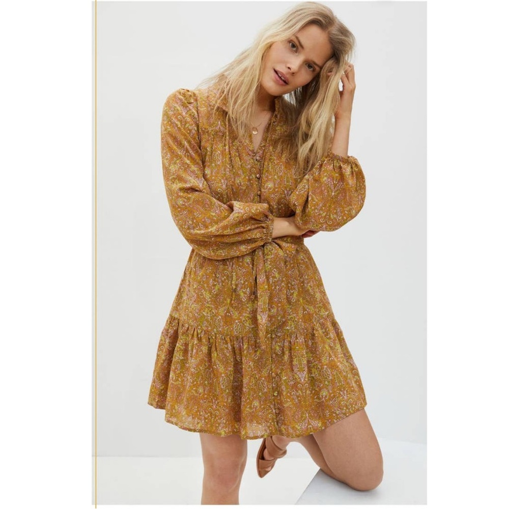 NWOT Anthropologie Calanthe Mini Belted Button Mini Shirtdress $148 M Gold